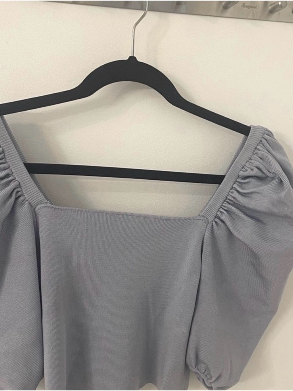 Zara Gray Ribbed Square Neck Puff Sleeve Crop Top M